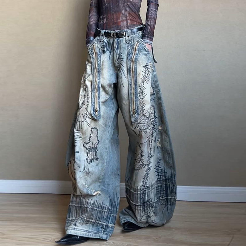 Stitch Embroidery Dyed Denim Loose Wide Leg Scimitar Pants