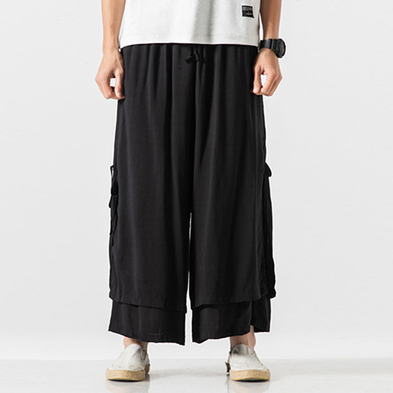 Japanese Style Cotton and Linen Side Strap Two-piece Culottes