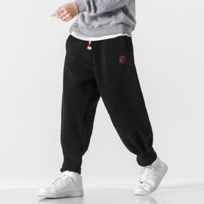 Retro Thick Velvet Embroidered Drawstring Trousers