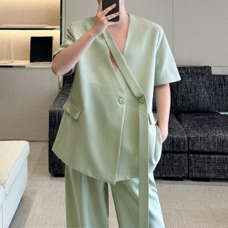 Collarless Ribbon Shoulder Pad Short Sleeve Suit Wide Leg Pants Two Piece Suit