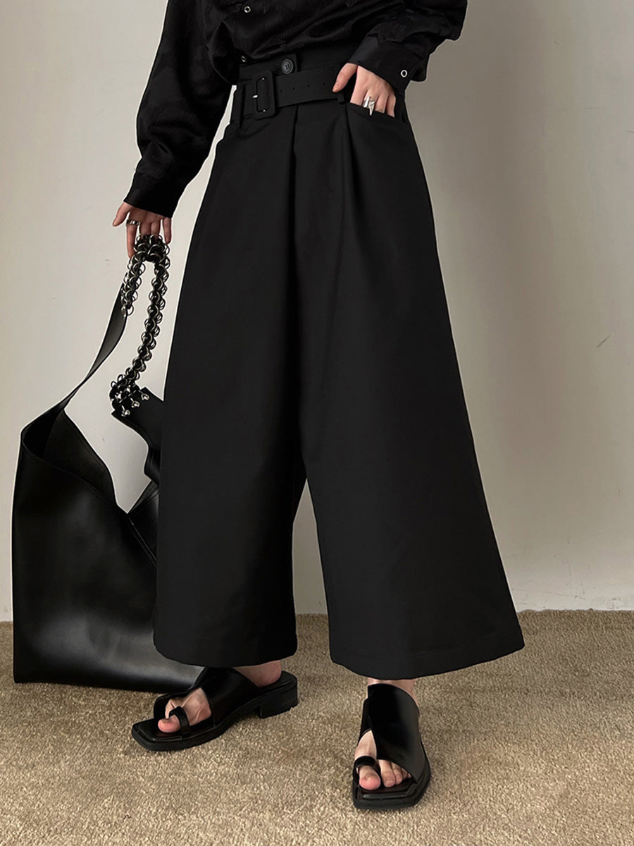 Dark Belt Cropped Wide Leg Pants
