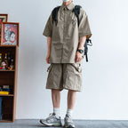 Japanese Functional Large Pocket Shirt Casual Loose Overalls Two-piece Set