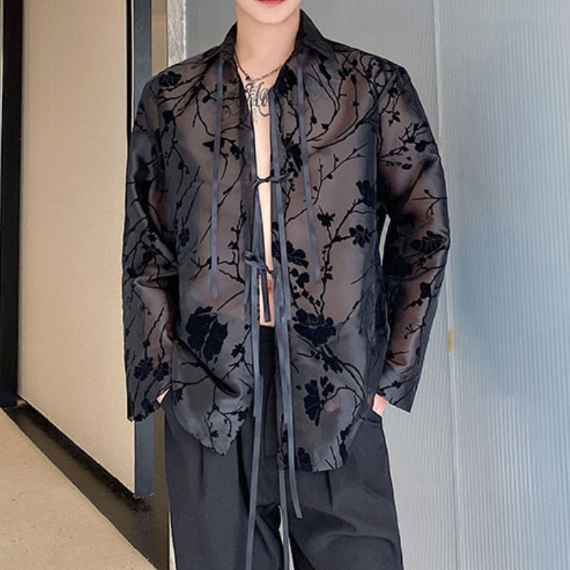 Ribbon Tie Jacquard See-through Shirt