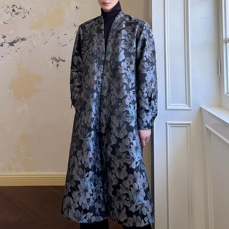 Vintage Floral Silhouette Buttonless Mid-length Trench Coat