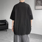 Cotton and Linen Henley Collar Loose T-Shirt