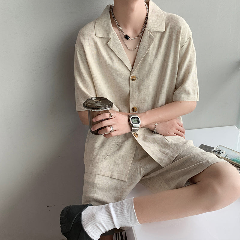 Vintage Cotton Linen Shirt Shorts Two-Piece Set
