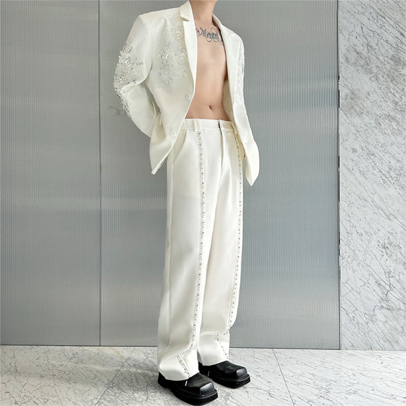 Pearl Rhinestone Shoulder Pad Coat Straight Casual Pants Two Piece Set