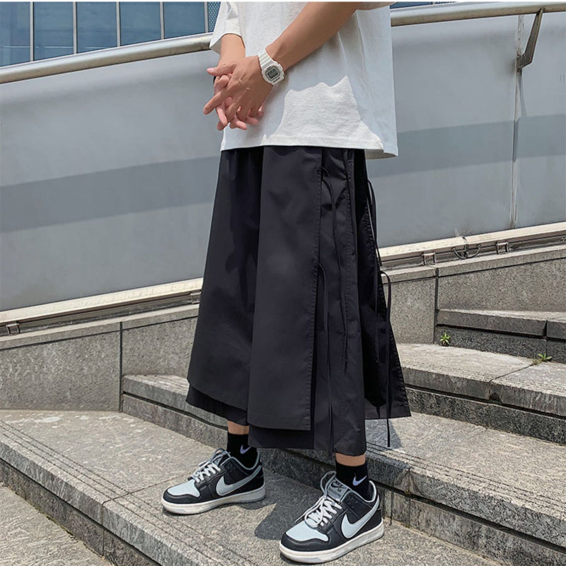 Japanese Style Fake Two Piece Side Ribbon Pants