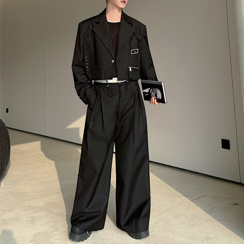 Deconstructed Lace-Up Cropped Blazer Contrast Leather Drawstring Wide-Leg Pants Two-Piece Set