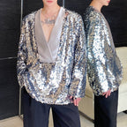 Sequined Satin Panel Deep V-neck Shirt