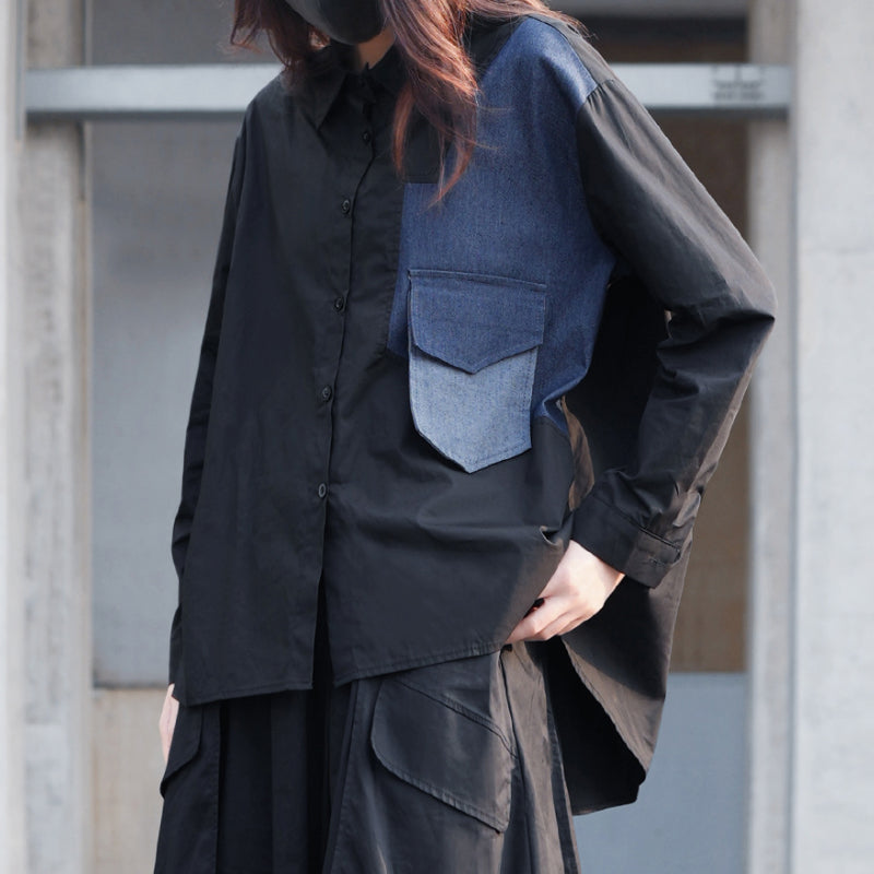 Denim Patchwork Pocket Long Sleeve Shirt