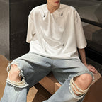 Drawstring Neckline Padded Shoulder T-shirt