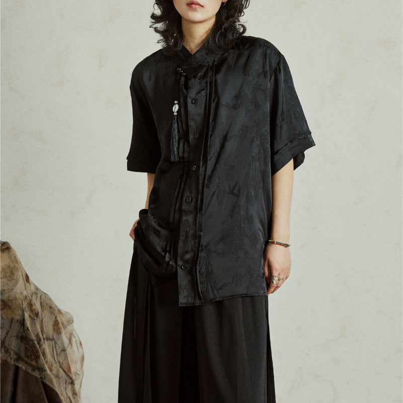 Satin Jacquard Slanted Placket Jade Pendant Tassel Shirt