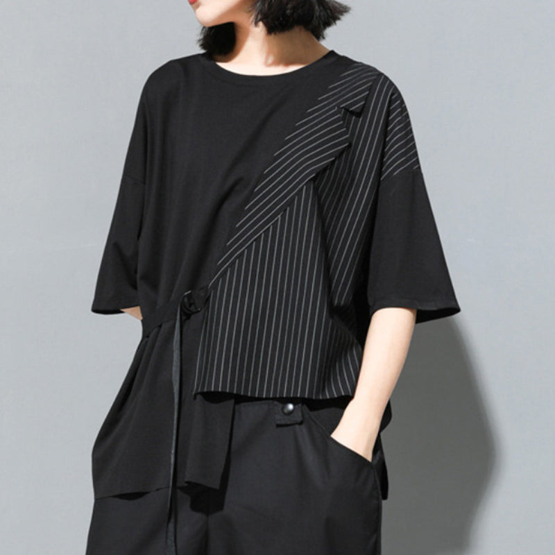 Fake Two-piece Straight Lace-up Striped Patchwork T-shirt