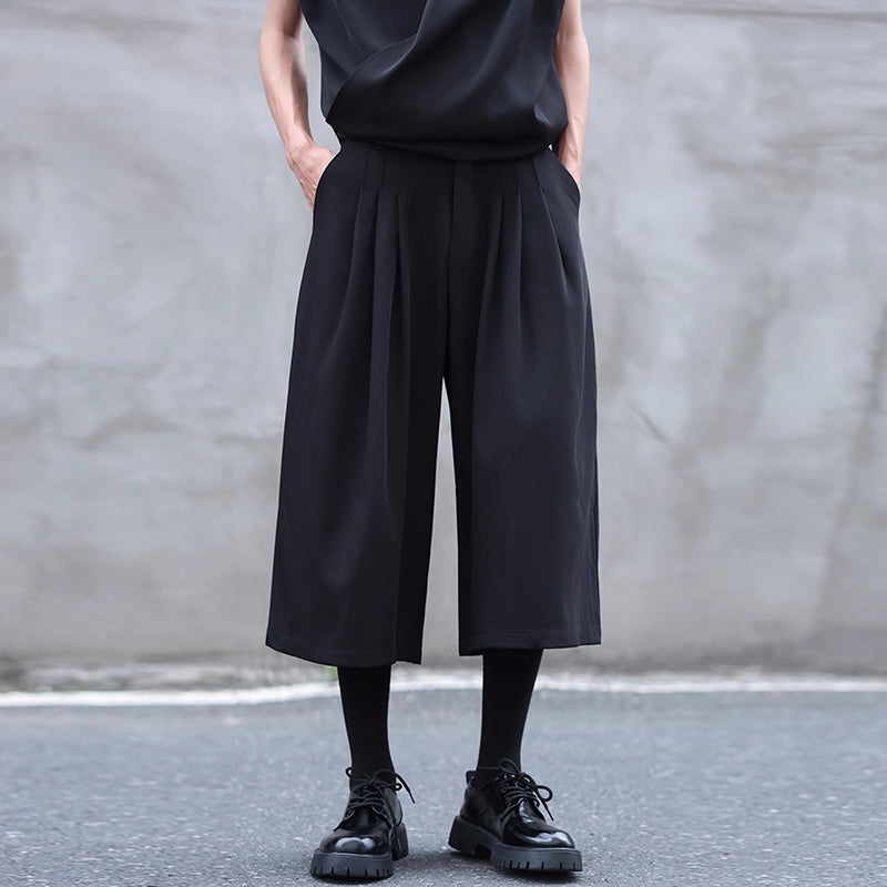 Drawstring Elastic Waist Pleated Solid Culottes