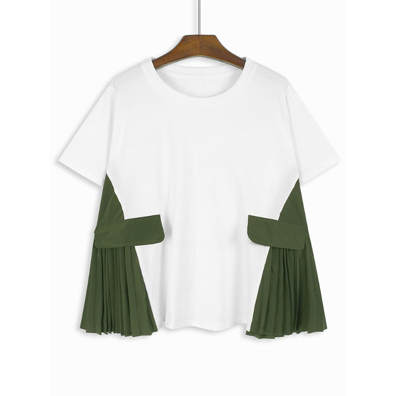 Fake Pocket Pleated Patchwork Loose T-shirt