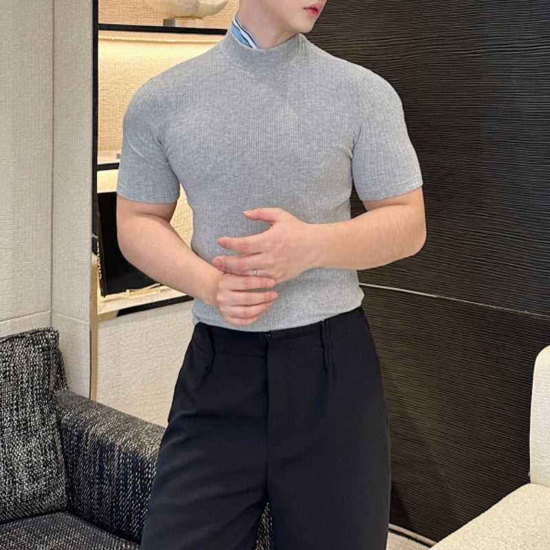 Half Turtleneck Solid Color Elastic Tight T-shirt