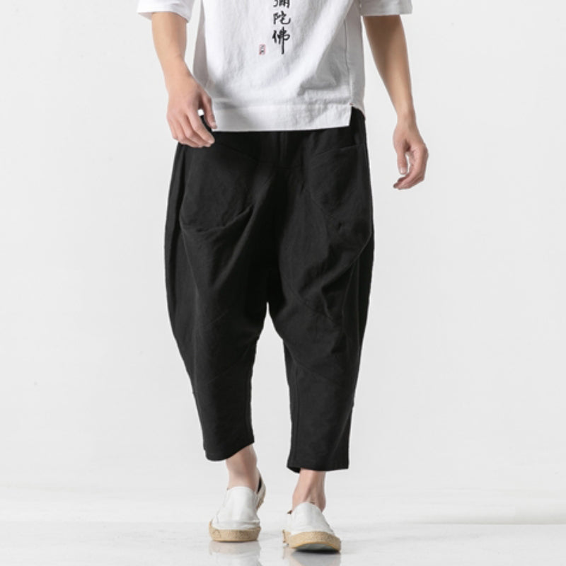 Cotton and Linen Cuffed Wide Leg Harem Pants