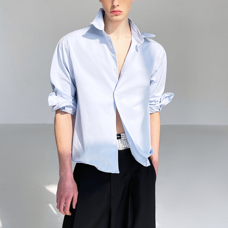 Blue Cotton Bent Shape Slim Fit Short Shirt