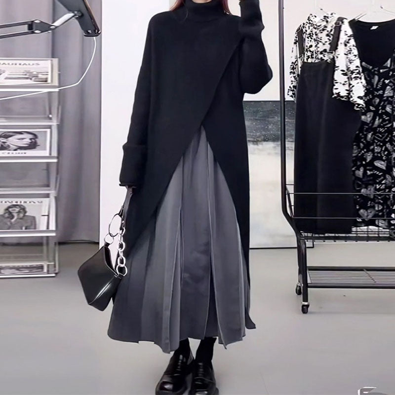 Turtleneck Loose Knit Cardigan Long Sweater Skirt