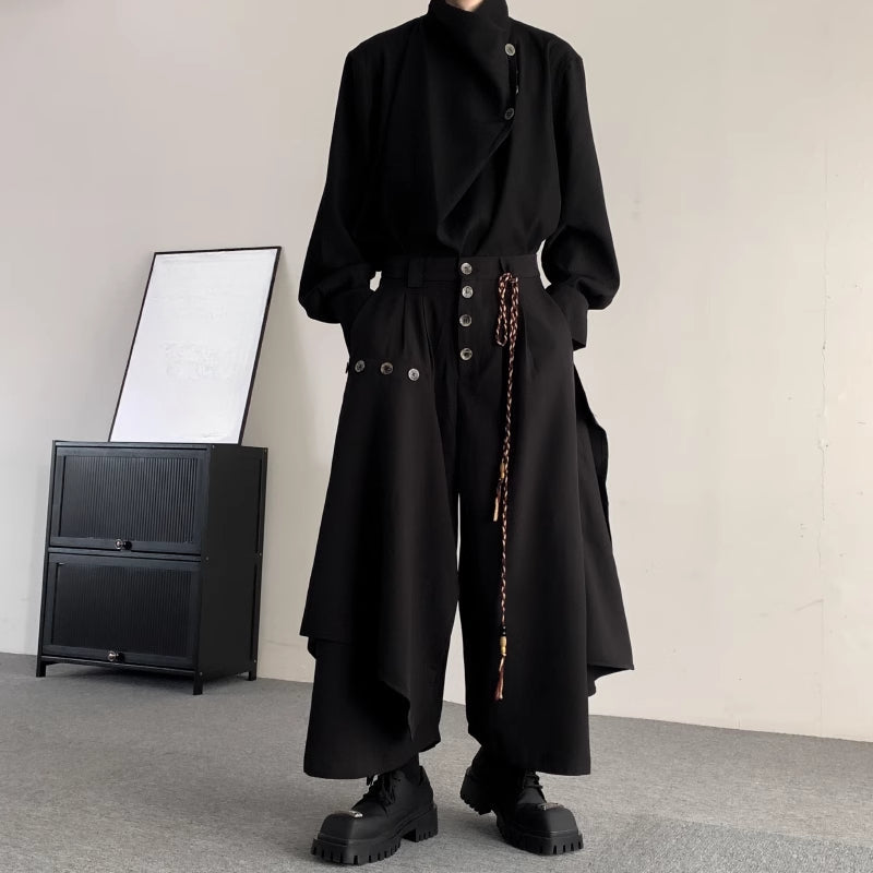 Vintage Button Asymmetric Patchwork Wide-leg Culottes