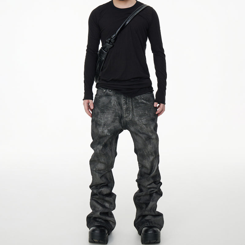Glitter-coated Slim-fit Stacked Denim Flared Pants