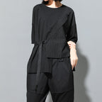 Fake Two-piece Straight Lace-up Striped Patchwork T-shirt