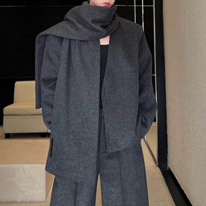 Woolen Elegant Collarless Suit Jacket Scarf and Casual Pants Three-piece Suit