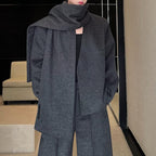 Woolen Elegant Collarless Suit Jacket Scarf and Casual Pants Three-piece Suit