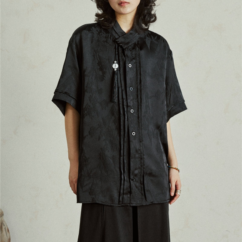 Satin Jacquard Slanted Placket Jade Pendant Tassel Shirt