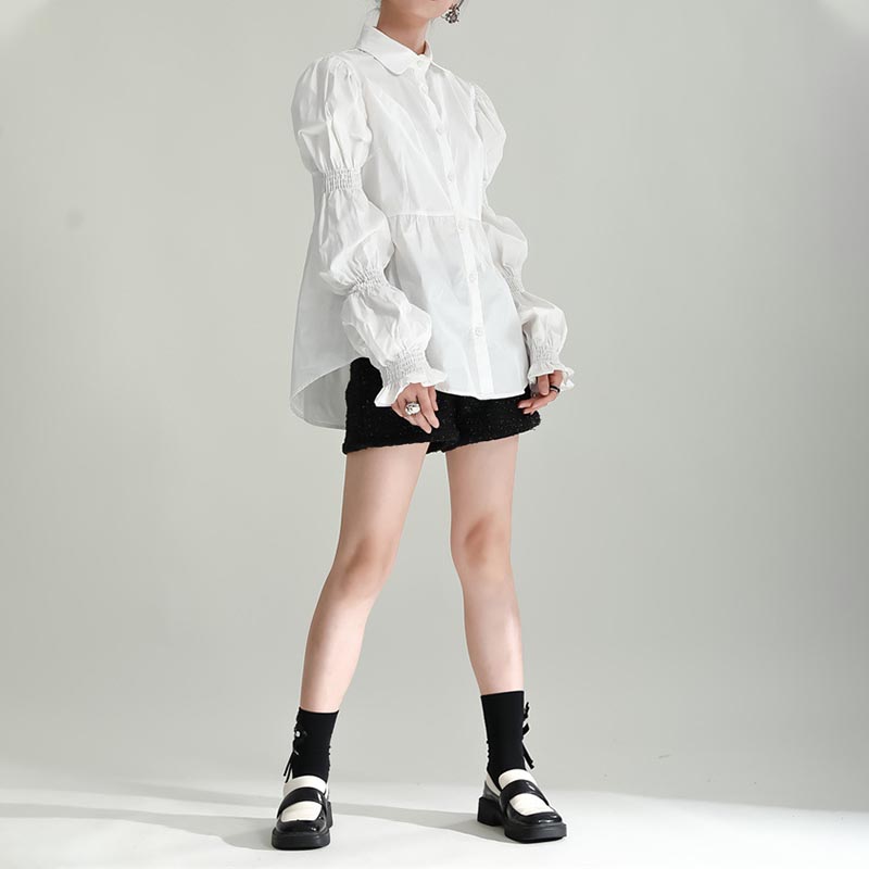 Puff Sleeve Lapel Collar Solid Color Shirt