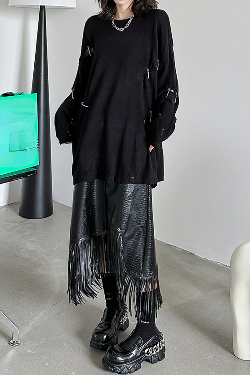 Round Neck Dark Ripped Sweater