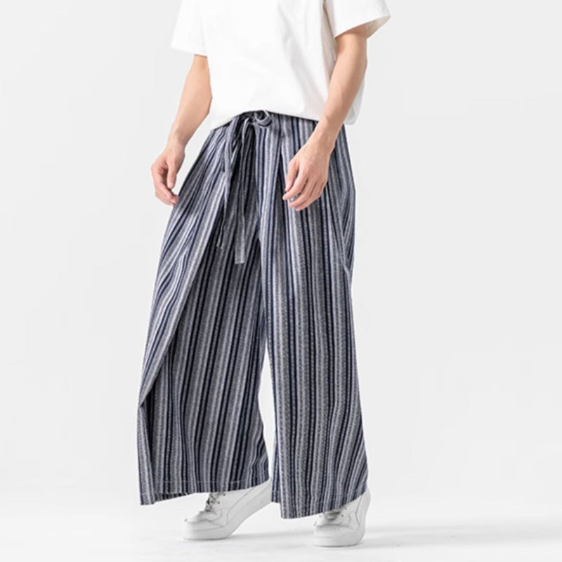 Vintage Striped Linen Thin Loose Wide Leg Culottes