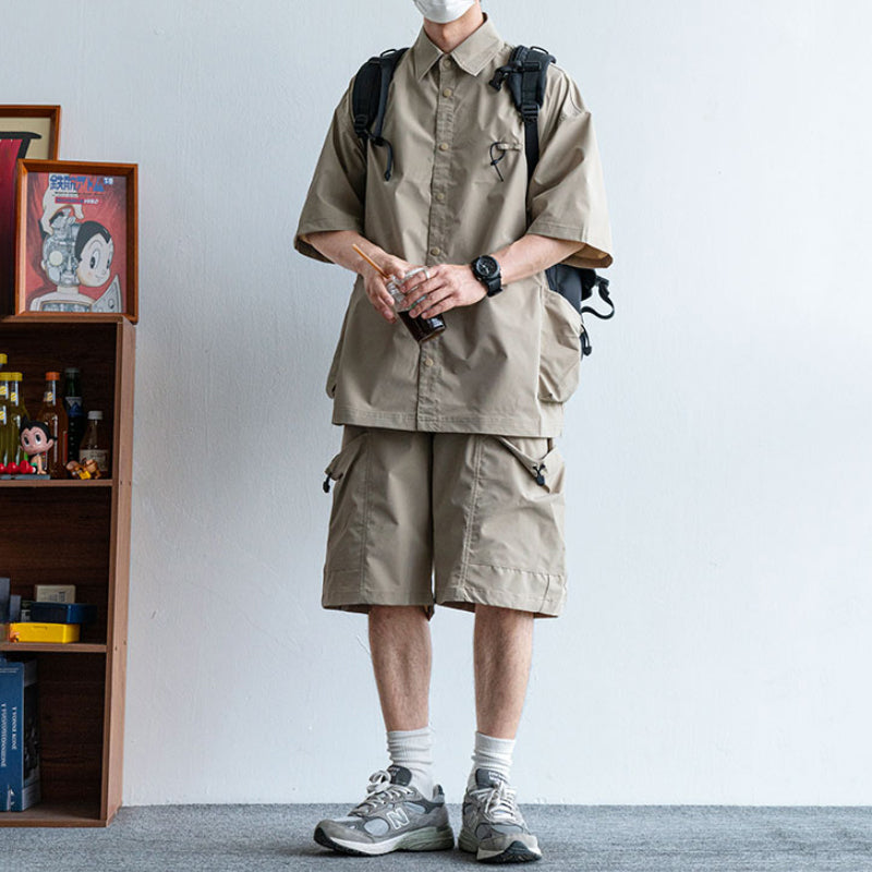 Japanese Functional Large Pocket Shirt Casual Loose Overalls Two-piece Set