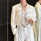 Retro Wave Topstitch Embroidery Short Jacket Straight Wide-Leg Pants Two-Piece Set
