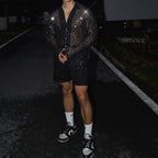 Shiny Silver Sequined Hollow Long Sleeve Shirt