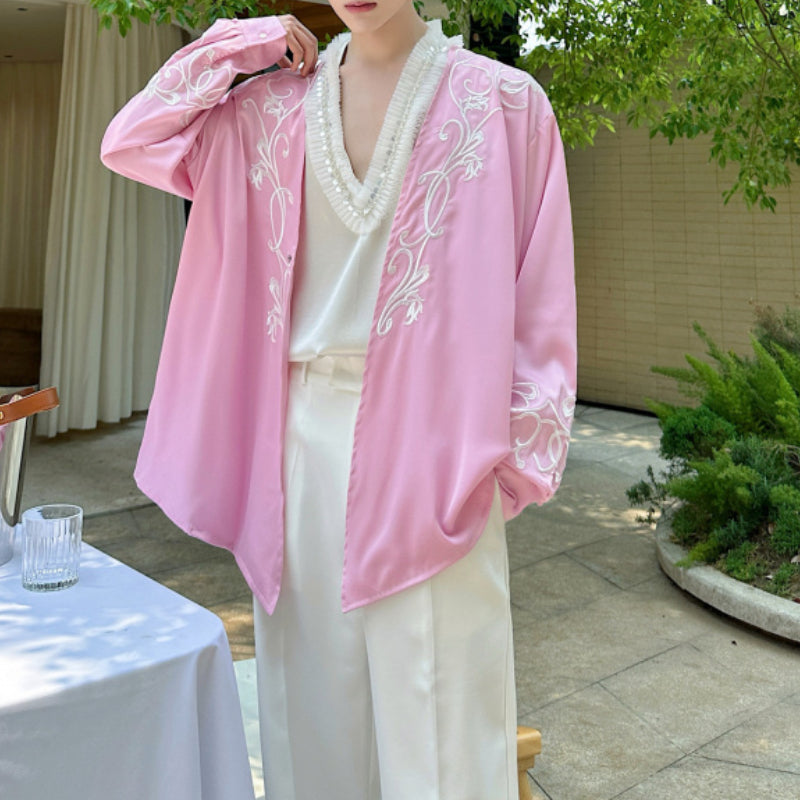 Heavy Embroidery V-neck Draped Ice Silk Shirt