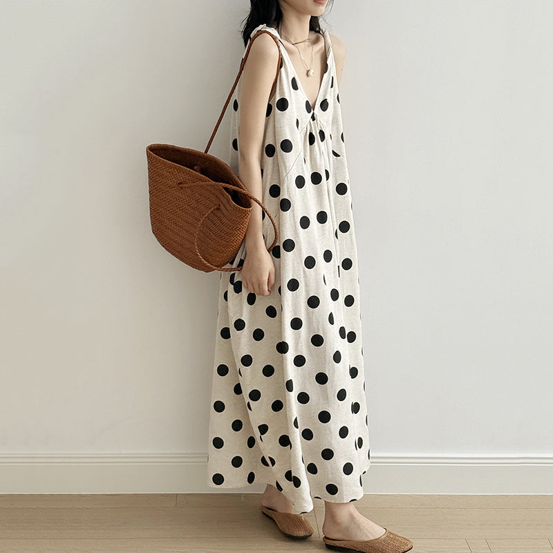 French V-neck Polka Dot Sleeveless Vest Dress