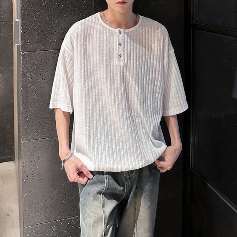 Striped Knit Henley Collar Casual T-Shirt