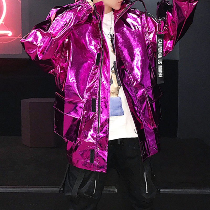 Stage Party Silver Leather  Hooded Jacket