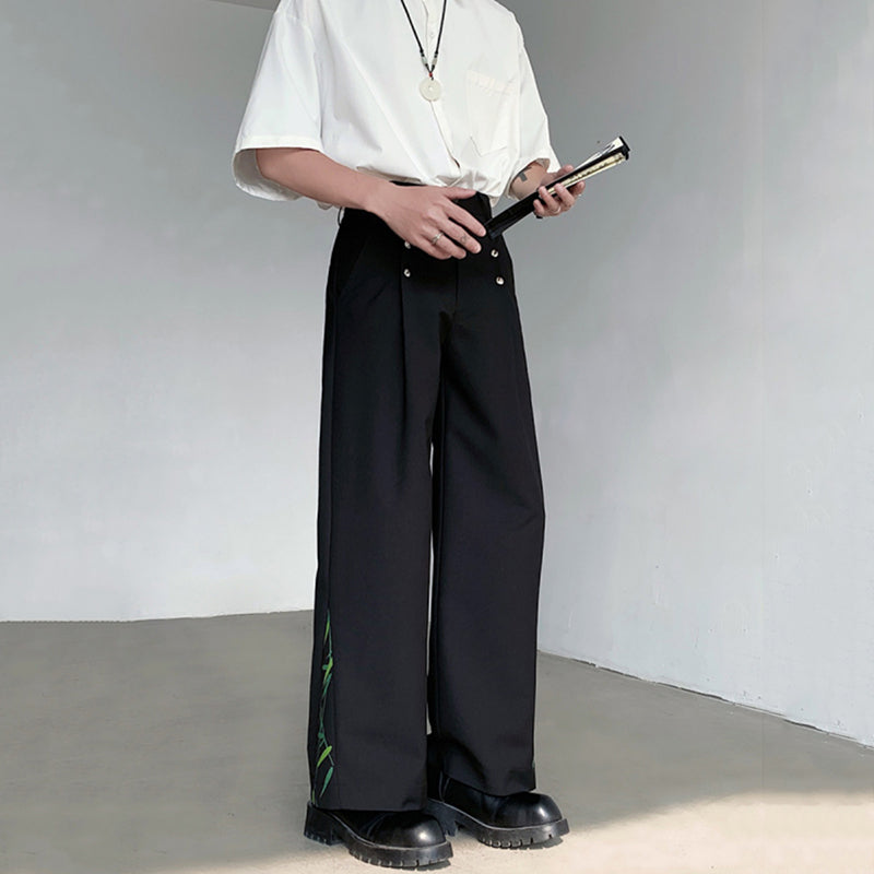 Loose Metal Buckle Bamboo Pattern Casual Wide-leg Straight Pants