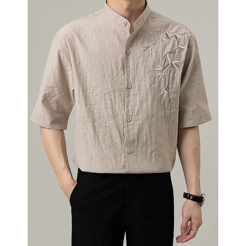 Loose Stand Collar Embroidered Shirt