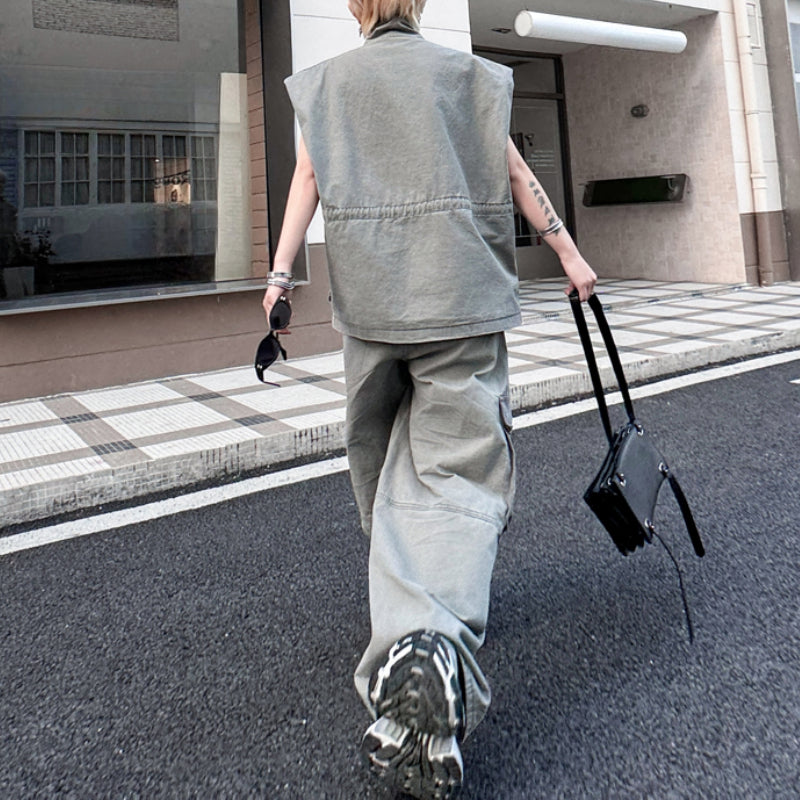 Japanese Retro Stand Collar Vest Wide Leg Loose Trousers Two-piece Set