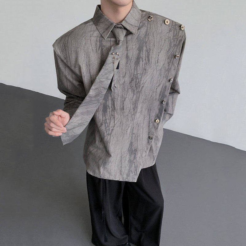 Metal Chain Tie Padded Shoulder Patchwork Shirt