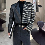 Contrast Plaid Wool and Leather Cropped Jacket