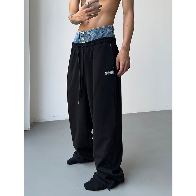 Fake Two-piece Cuffed Denim Loose Sweatpants