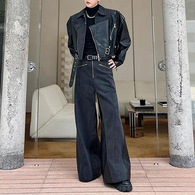 Deconstructed Washed Denim PU Leather Jacket Wide-leg Trousers Two-piece Suit