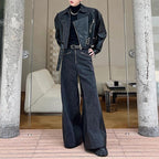 Deconstructed Washed Denim PU Leather Jacket Wide-leg Trousers Two-piece Suit