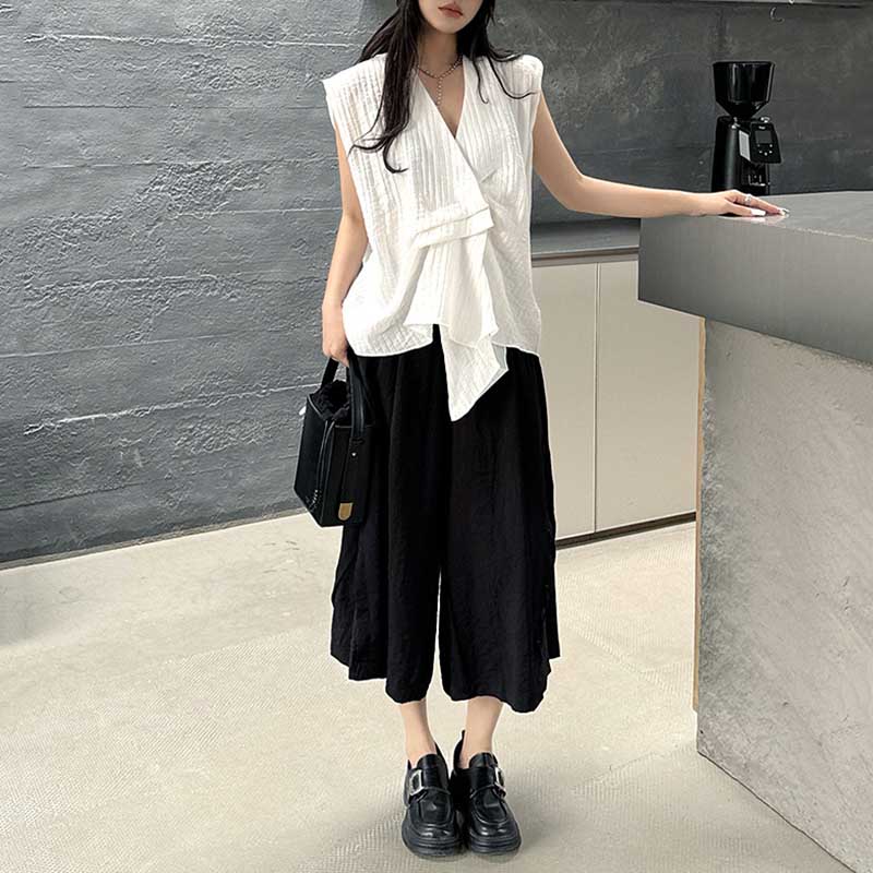 Pleated Loose Irregular Sleeveless Shirt Vest