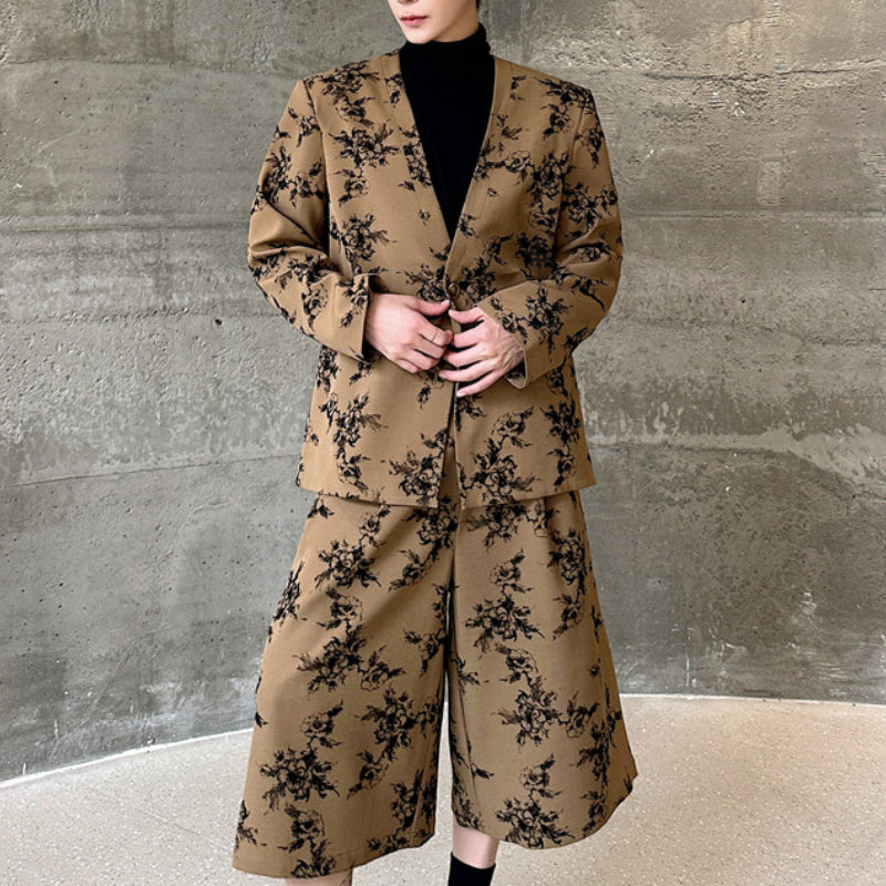 Flocked Pattern V-neck Suit Loose Cropped Pants Two-piece Suit